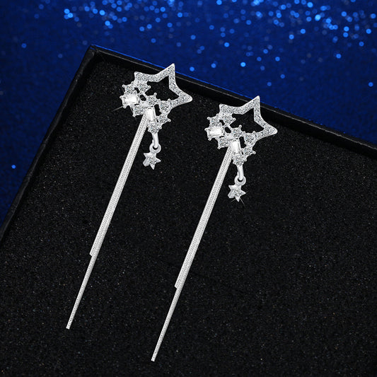 Long Silver Five-Pointed Star Earrings - Sullys Beauty 