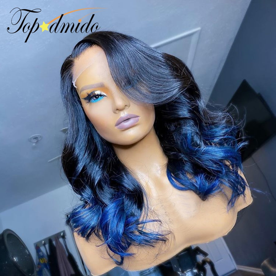 Topodmido Blue Ombre Natural Hairline Loose Wave Remy Lace Front Human Hair Wigs - Sullys Beauty 