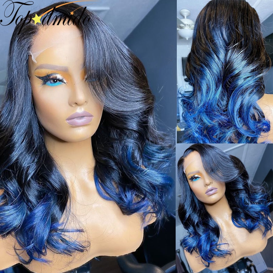 Topodmido Blue Ombre Natural Hairline Loose Wave Remy Lace Front Human Hair Wigs - Sullys Beauty 
