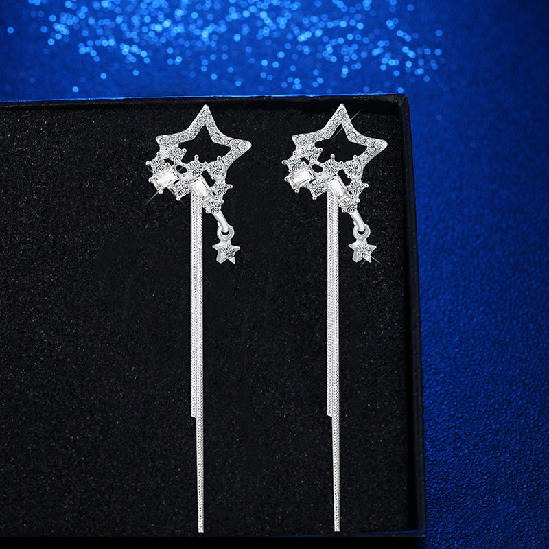 Long Silver Five-Pointed Star Earrings - Sullys Beauty 